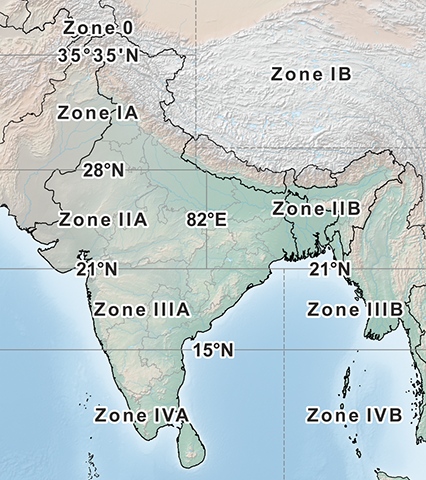 Approximate layout of Zones in Indian Grid System - dashed lines are unknown bounds (Not to scale)