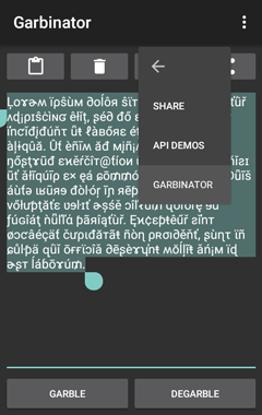 Garbinator Android app entry in Android System Text Context menu