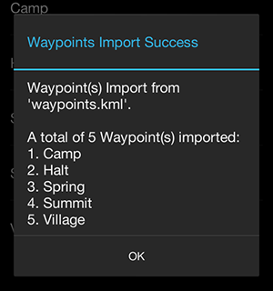Deesha Android app: 'Waypoints Import Success' dialog
