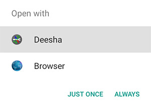 Deesha Android app 'Comple action using' dialog for location hyperlink