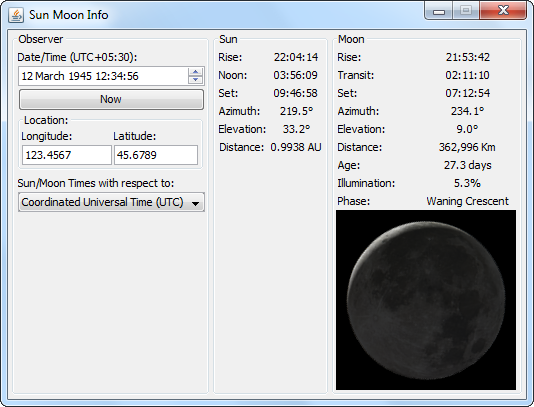 Sun Moon Info Java application