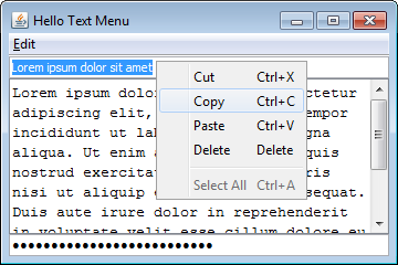Text Menu - Popup menu with actions added to a text component